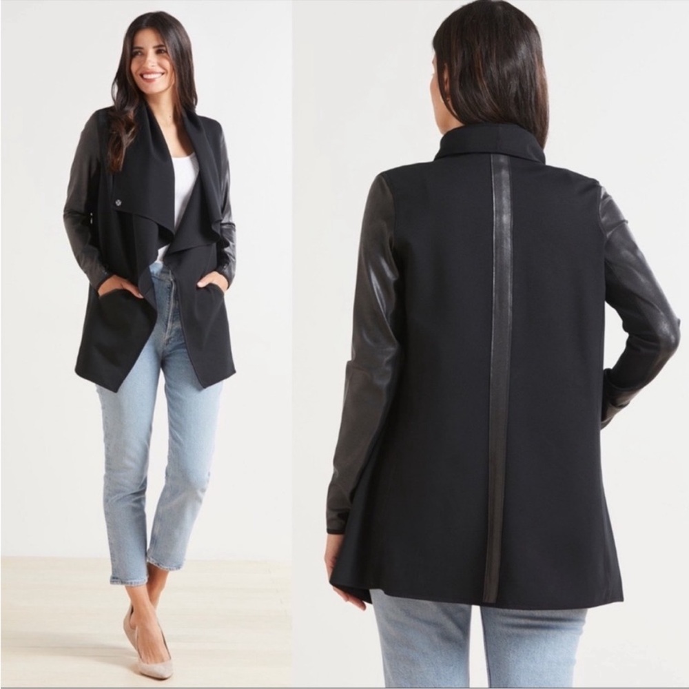SPANX Black Trench Coat with Fake Leather Sleeves